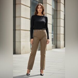 TiBALDi Brown Rhinestone Straight Leg Pants Sz 26 Long High Rise Retro Detail